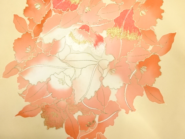 アンティーク　塩瀬手描き蘭模様刺繍名古屋帯